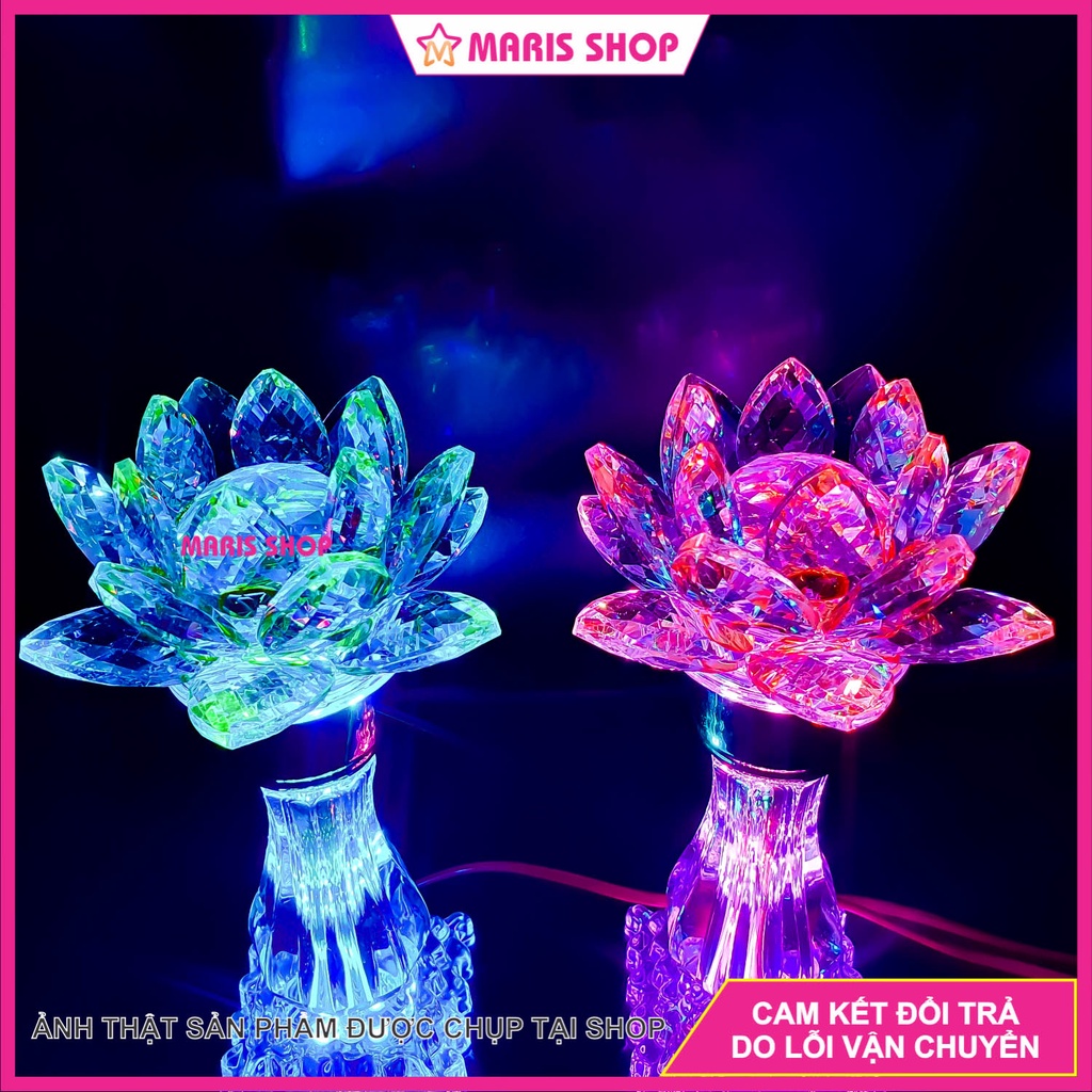 Bộ 2 Cây Đèn Hoa Sen Pha Lê Nguyên Khối Cao 23cm Để Bàn Thờ Phật 2 Tầng LED Đổi Màu Cao Cấp