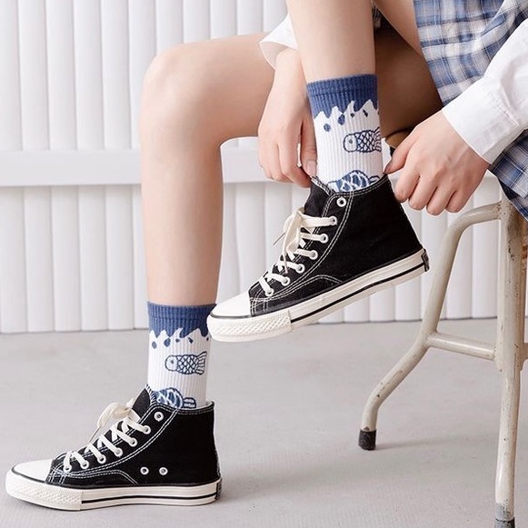 Tất Vớ cotton nam nữ cổ cao họa tiết dễ thương thời trang phong cách Hàn Quốc