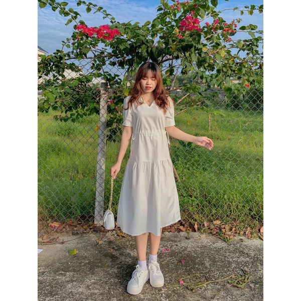 Đầm babydoll trắng dài eo rút nơ 200