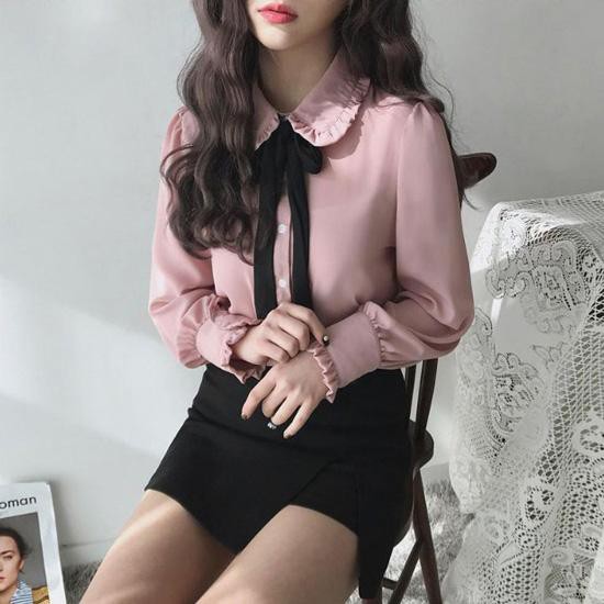 Áo Thời Trang Công Sở Nữ Cổ Kẹp Bèo Thắt Nơ Tay Phồng, Sơ Mi Màu Hồng Basic Quyên Fashion AA400