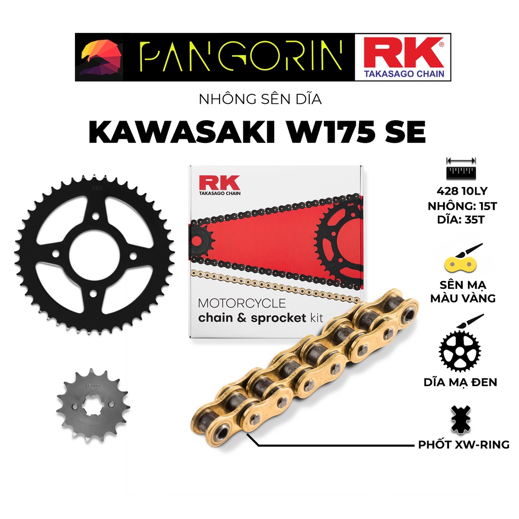 Nhông Sên Dĩa RK Takasago Kawasaki W175 SE - Nhông Dĩa thép đen - Sên GB-428-KLW, màu vàng 10 ly, phốt XW-ring