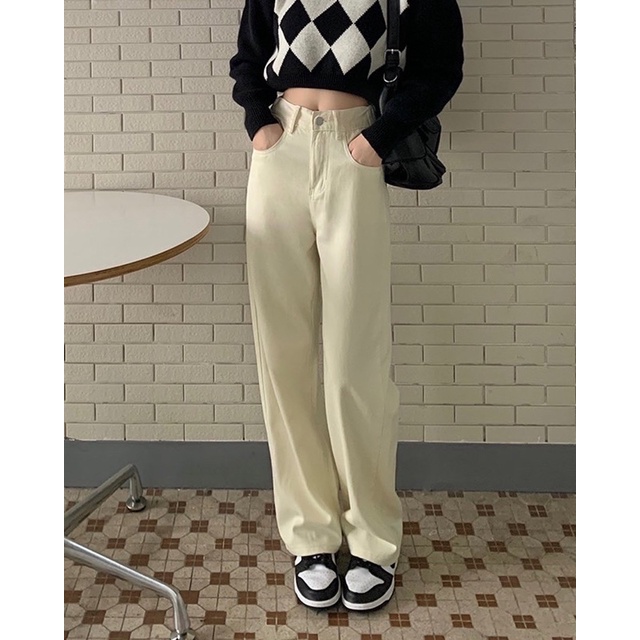 Quần Jeans Suông Dài Màu Kem Nam Nữ Ống Đứng Chất Jean Kaki Phong Cách Ulzzang Basic Đi Học Đi Làm