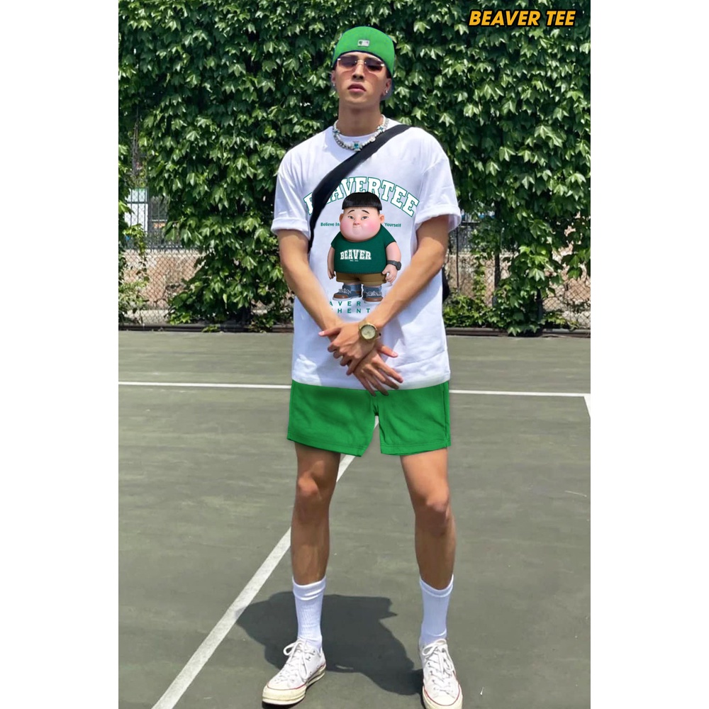 Set thun áo trắng/quần xanh lá Beaver Tee BÉ TRAI Local Brand tay lỡ form rộng nam nữ Unisex Freeship Extra