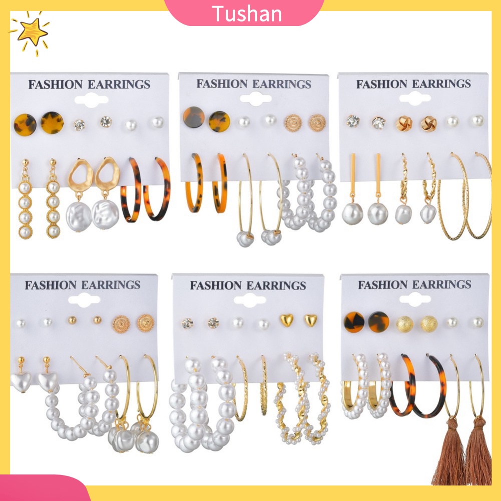 TUSH 6Pairs Women Faux Pearl Tassel Geometric Dangle Ear Studs Hoop Earrings Jewelry