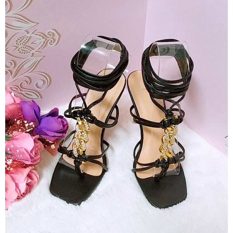 Giày cao gót nữ dây quấn cổ chân, gót nhọn mạ vàng cao 9.5cm, mẫu hot trend, lên chân cực sang