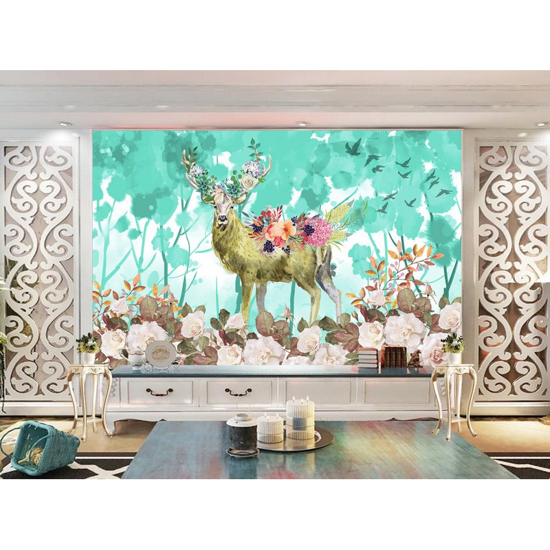 Decal dán tường nai trong rừng khổ 2mx3m