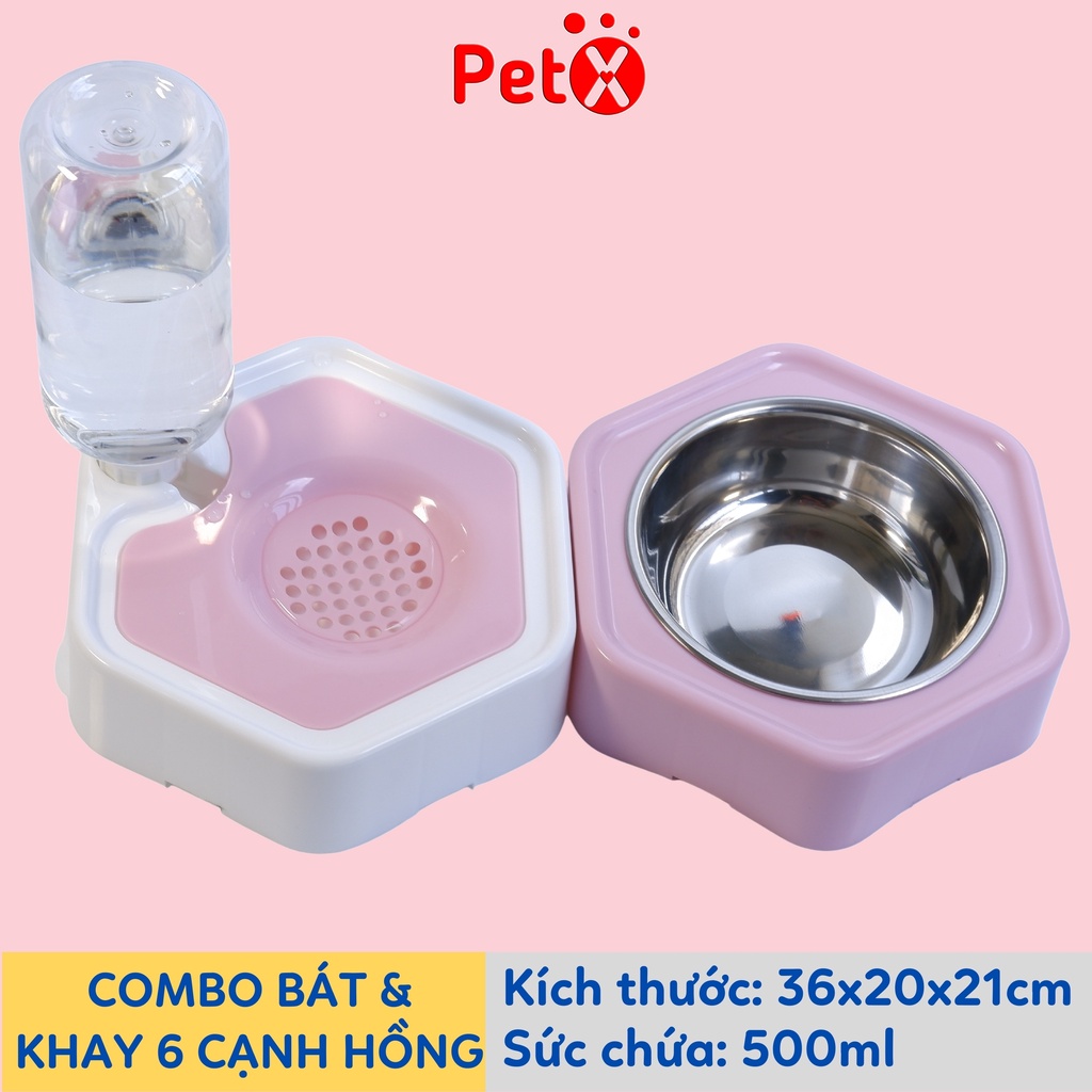 Bát cho chó mèo ăn, khay uống nước tự động lắp ghép hình lục giác cho thú cưng bình nước 500ml