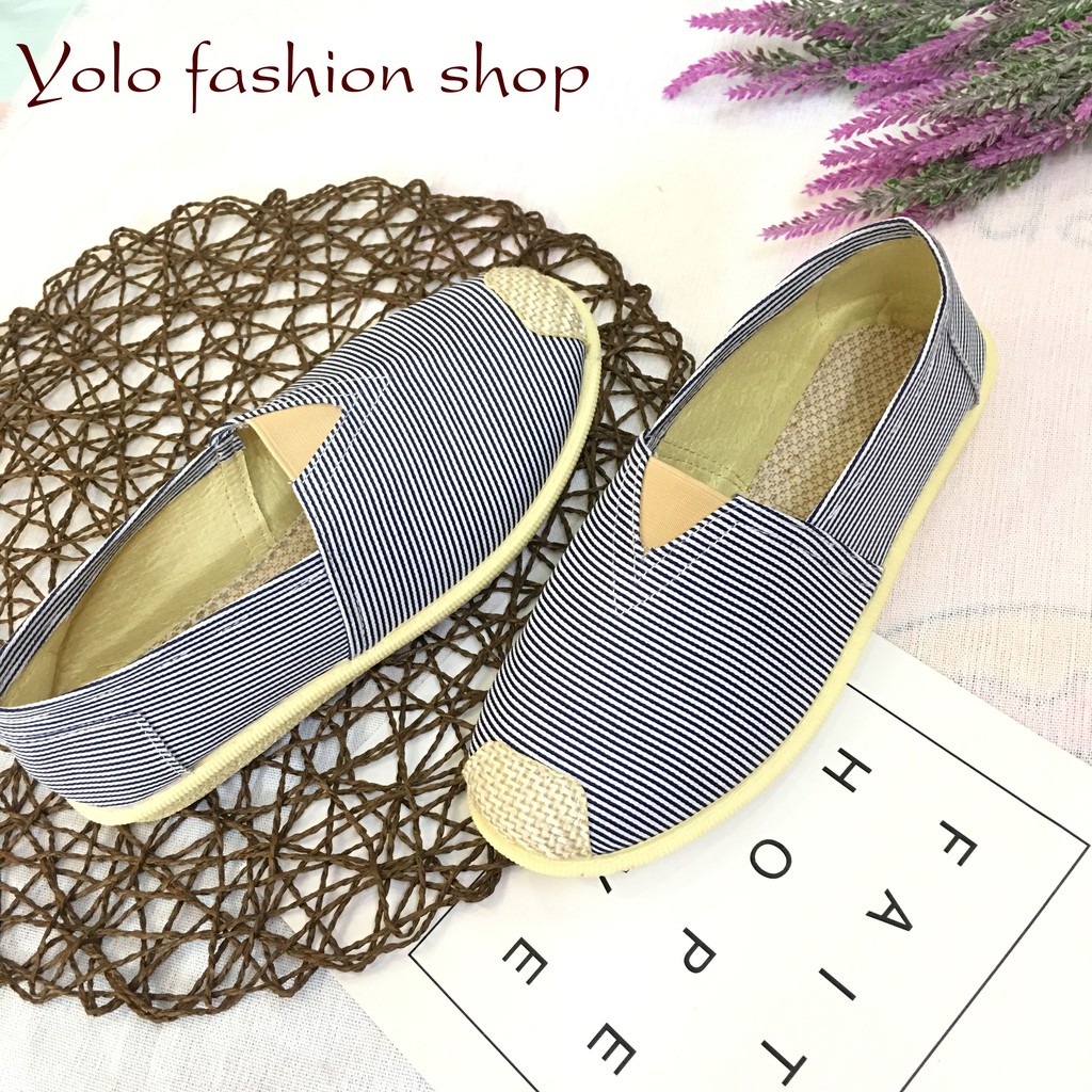 GL2 Giày lười slip on nữ kẻ ngang bọc cói vintage thời trang