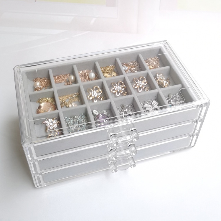 Khay mica bọc nhung đựng charm, đá 3 tầng, 54 ô kích thước 24cm x 13.5cm x 11cm