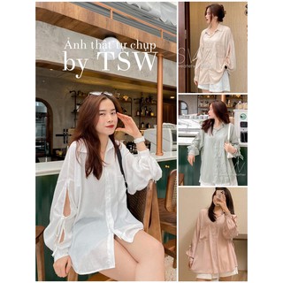 Áo sơ mi voan pastel ống tay rộng buộc nơ (Ảnh thật)