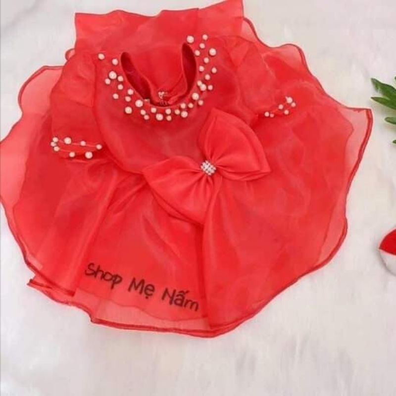 Đầm bé gái dáng xòe tay lỡ viền ngọc đính nơ nhỏ voan tơ mềm mại - Shop Mẹ Nấm