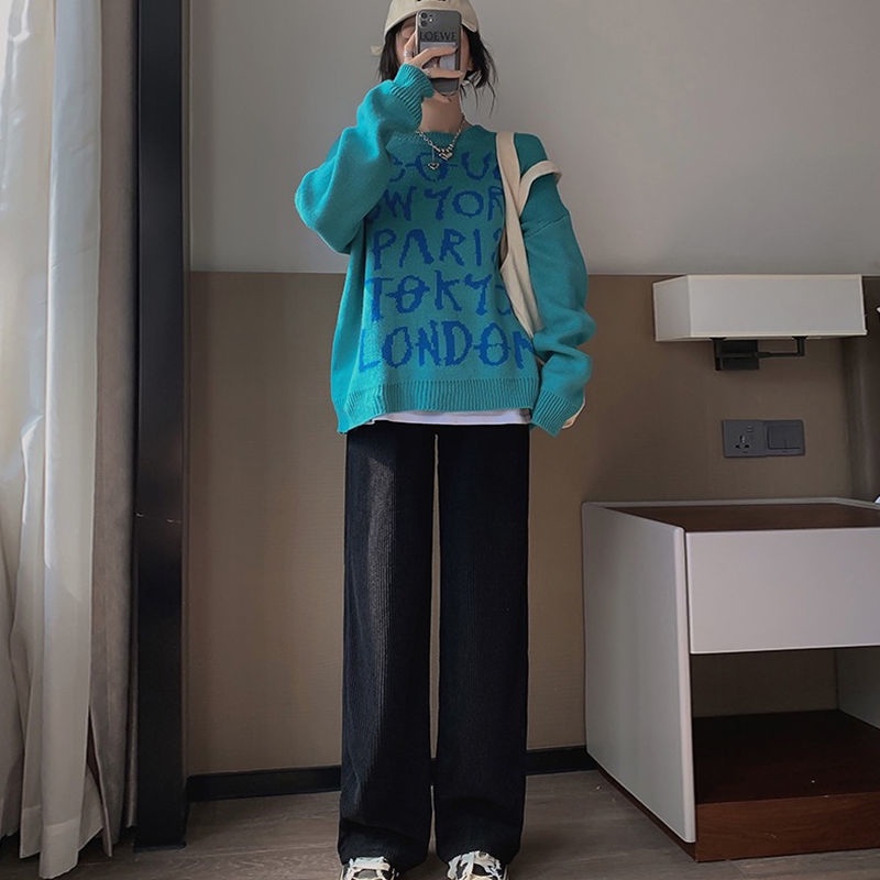 Quần dài ống rộng thẳng cạp cao bằng nhung kẻ phong cách xuân thu Hàn Quốc giản dị mới cho nữ