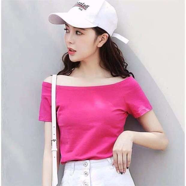 Áo Thun Cotton Trễ Vai Ngắn Tay Màu Trơn Phong Cách Hàn Quốc N250 [95