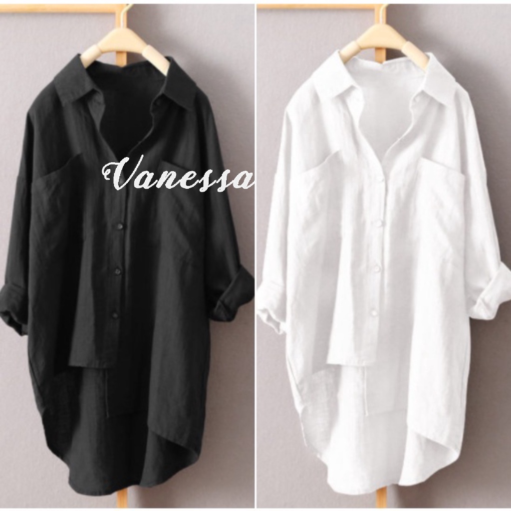 Áo sơ mi nữ dài tay form rộng tà lệch dáng dài Vanessa Stylish chất liệu đũi tơ mềm mát SMH.31