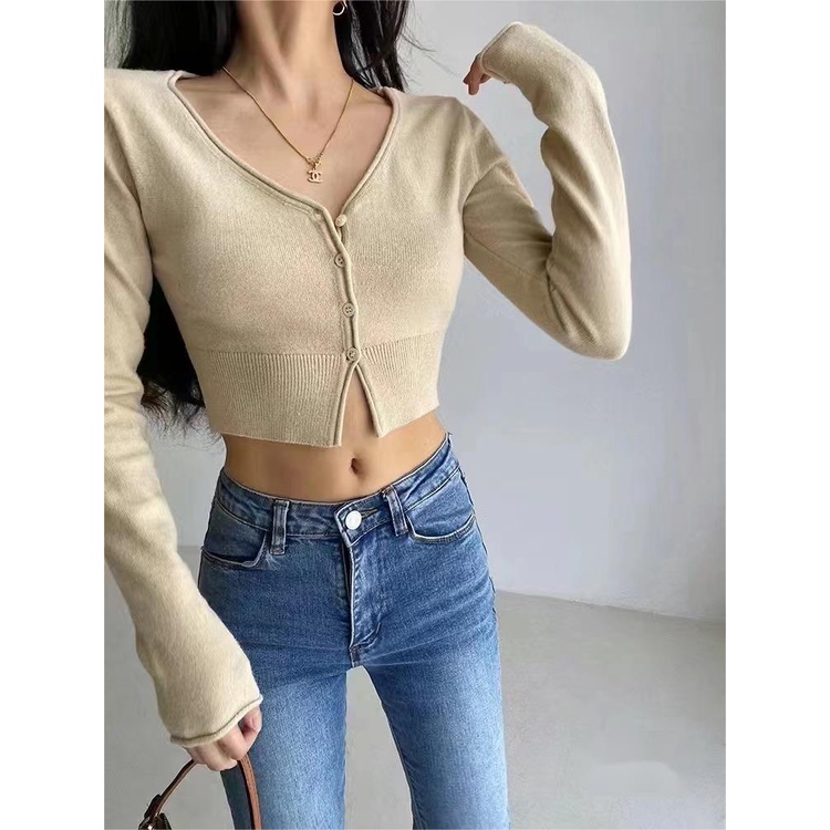 Áo cardigan ZHELIHANGFEI dệt kim dài tay cổ chữ V eo cao phong cách Mỹ thời trang