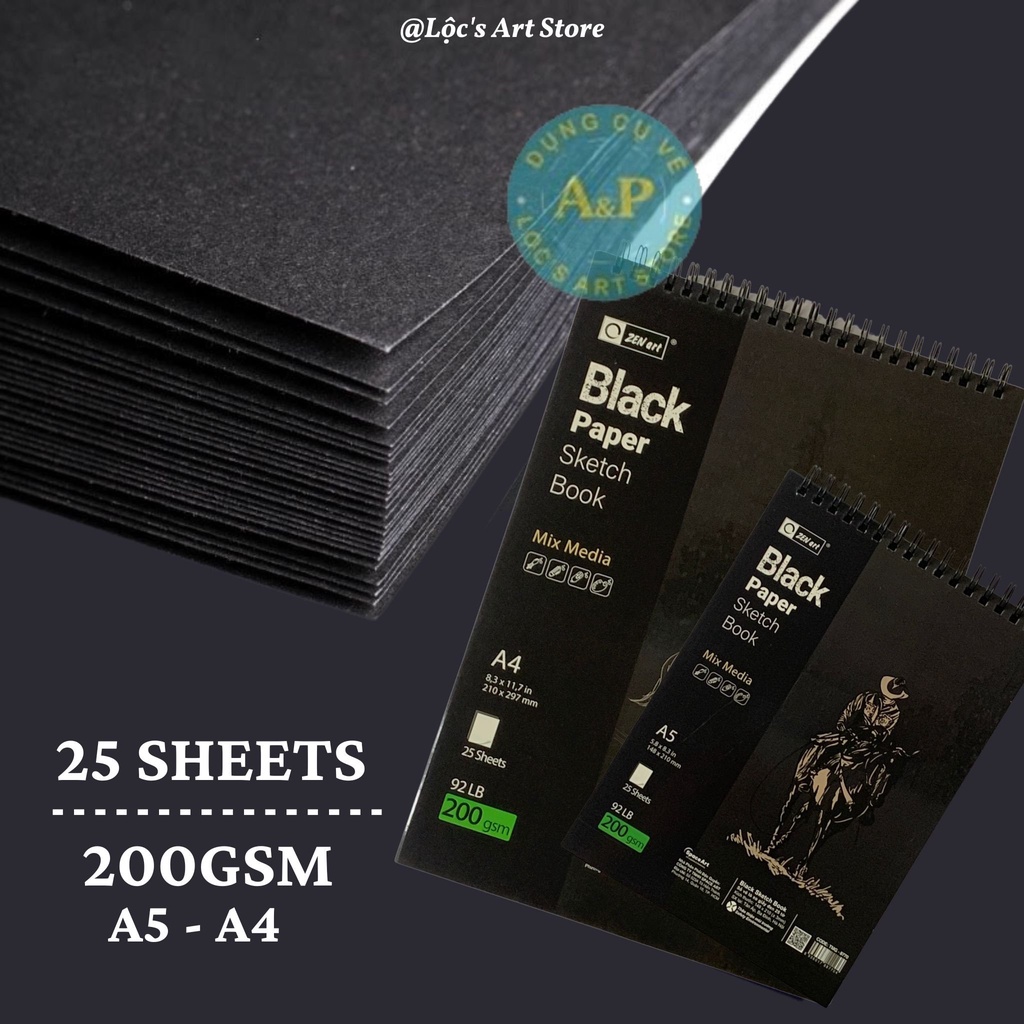 [Lộc's Art Store] Sổ Vẽ Phác Thảo Giấy Đen Gáy Lò Xo ZEN ART - Black Paper Sketch Book ZEN ART (Các Size)