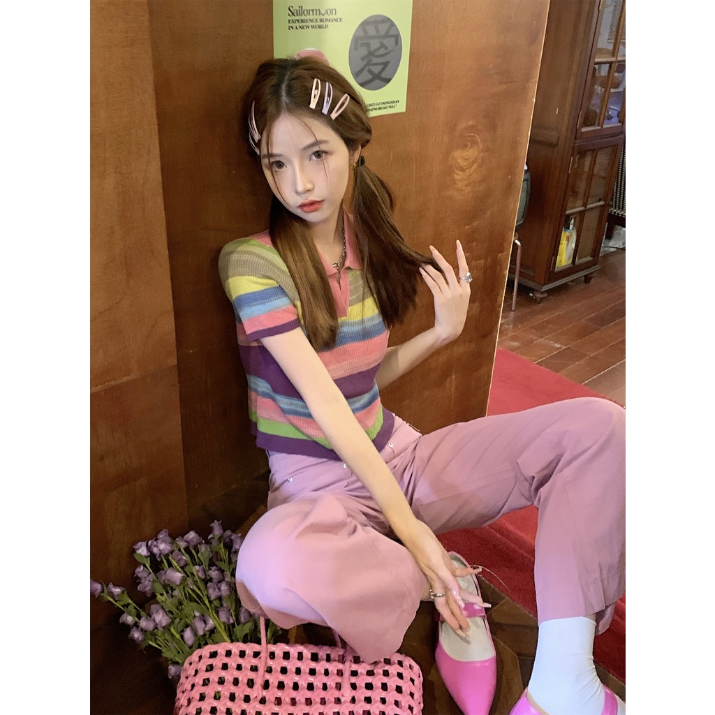 Xiaozhainv Áo dệt kim Xiaozhainv cổ polo ngắn tay họa tiết kẻ sọc thời trang hè cho nữ