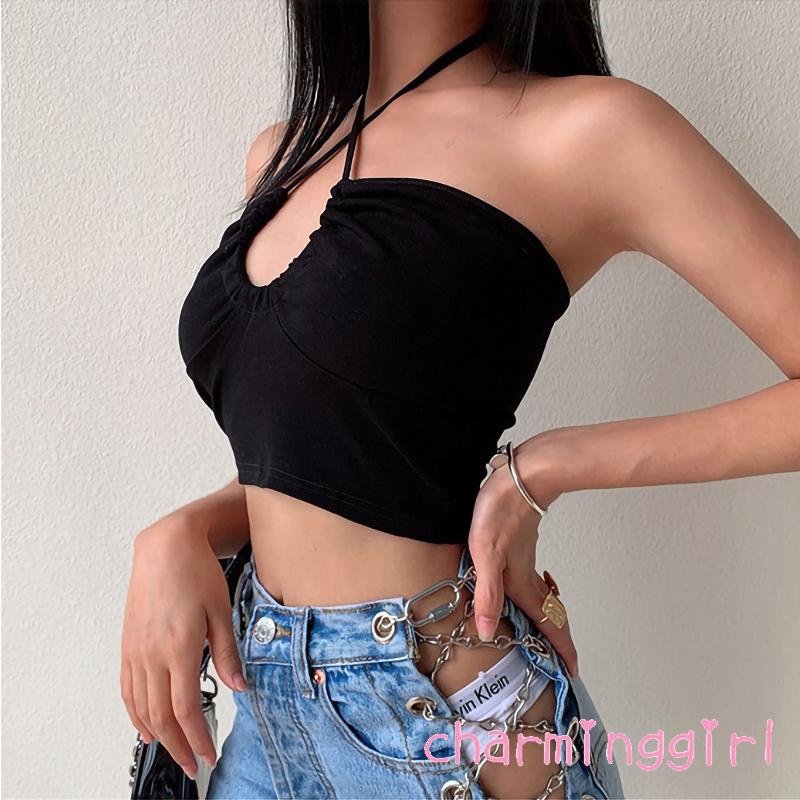 Áo croptop không tay màu trơn thiết kế thời trang quyến rũ cho nữ