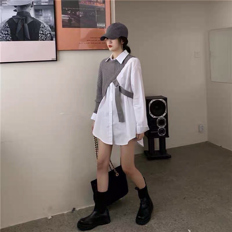 Set áo sơ mi dấu quần mix áo len 1 tay Ulzzang siêu chất 🤎