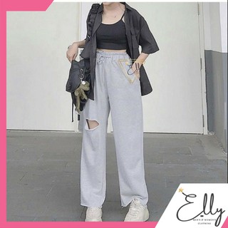 Quần ống rộng nữ cạp chun lai tưa 2 màu cá tính