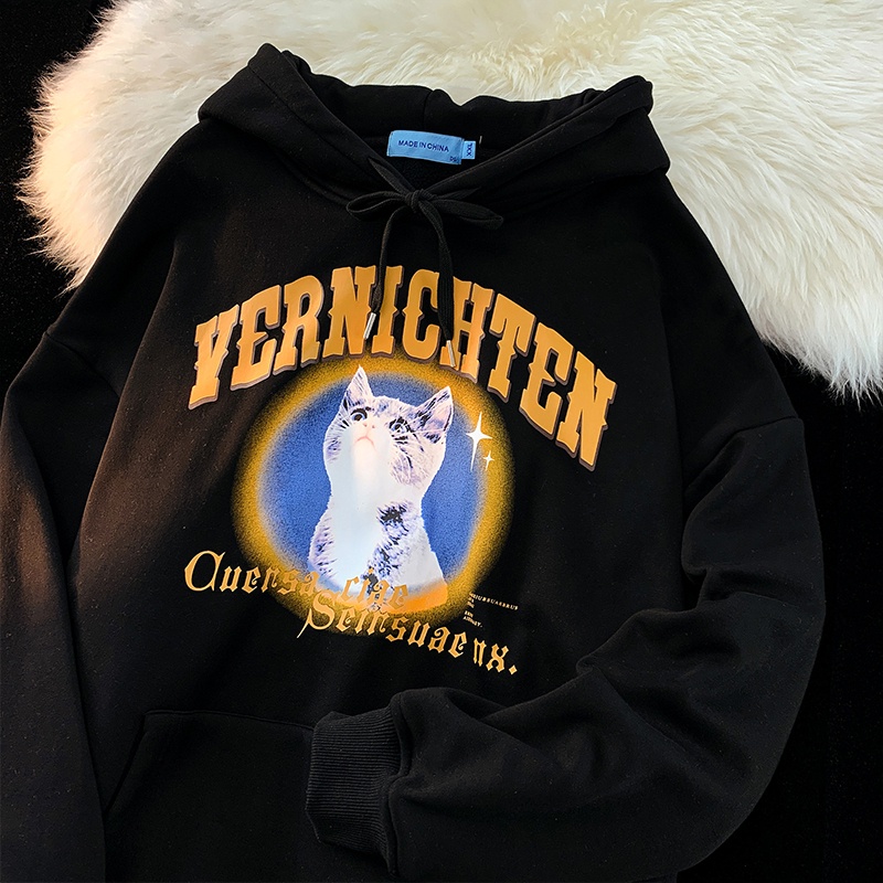 Áo hoodie ZHELIHANGFEI form rộng in hình mèo phong cách retro xinh xắn cho nữ
