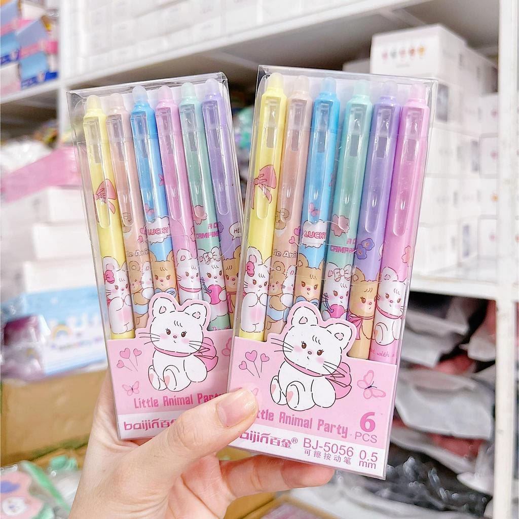 Hộp 12 cây bút gel xóa được mực xanh/tím hình hoạt hình dễ thương