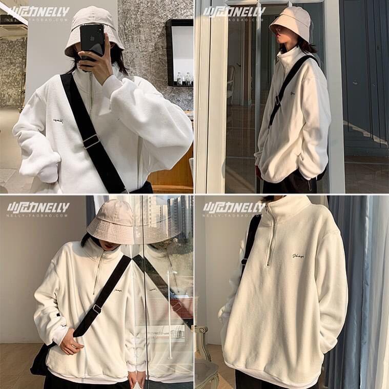 Áo Nỉ Sweater Cổ Khóa [FREESHIP] Áo thun nỉ dài tay có cổ form rộng freesize Màu Trắng phong cách Ulzzang | BigBuy360 - bigbuy360.vn