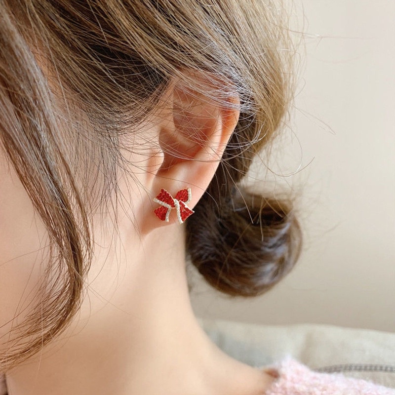 Khuyên tai bạc 925 đính đá đỏ kiểu dáng hình nơ lạ mắt độc đáo Phong cách Hàn Quốc