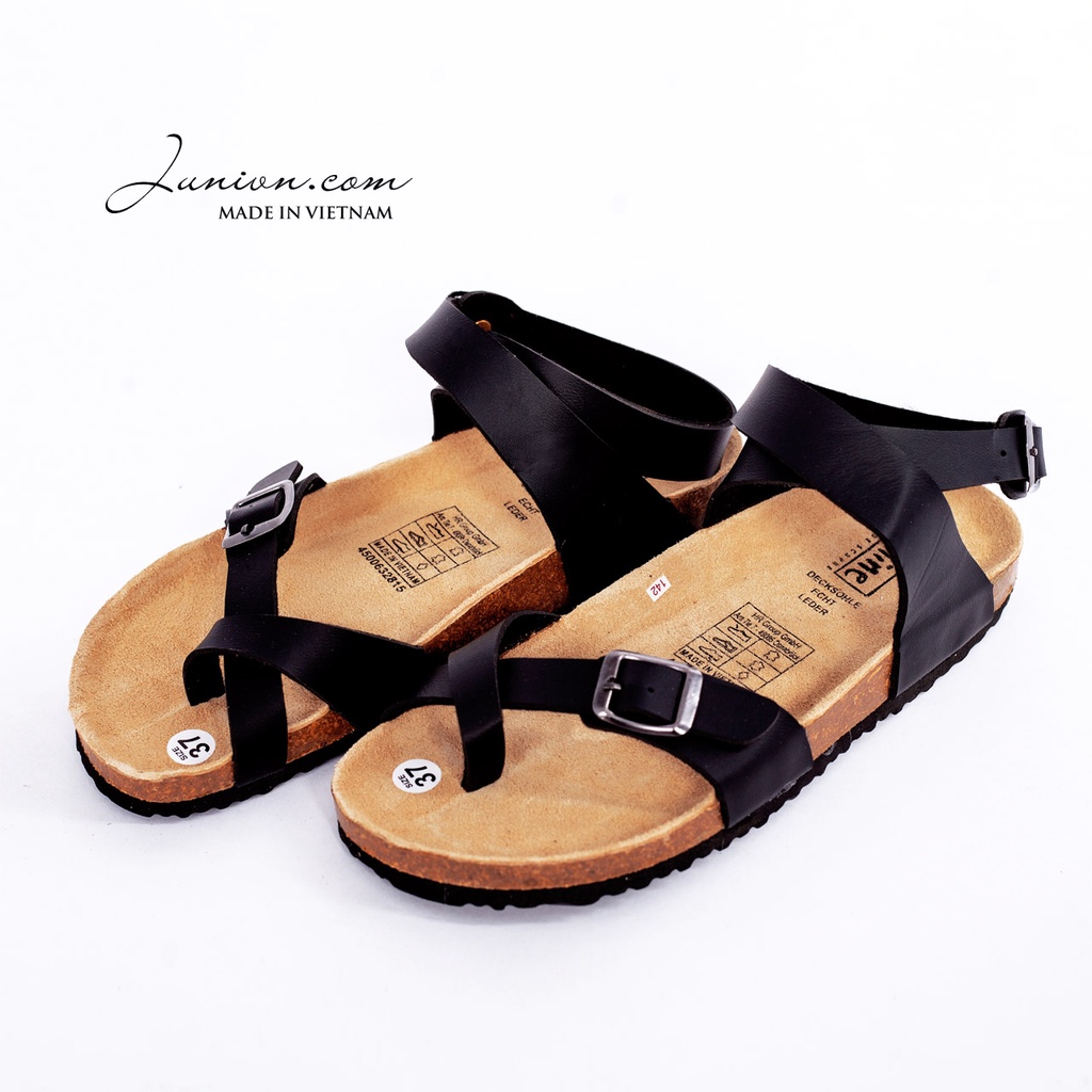 [DA PU/CHỐNG NƯỚC] PU16-Dép da sandal cao cổ Unisex, Màu đen, đế trấu Bioline Birken- Xuất khẩu châu Âu - Juni Store