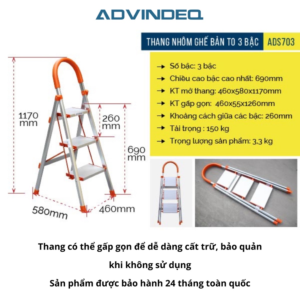 Thang nhôm ghế 3 bậc xếp gọn ADVINDEQ ADS-703, tải trọng 150kg, bảo hành 24 tháng toàn quốc