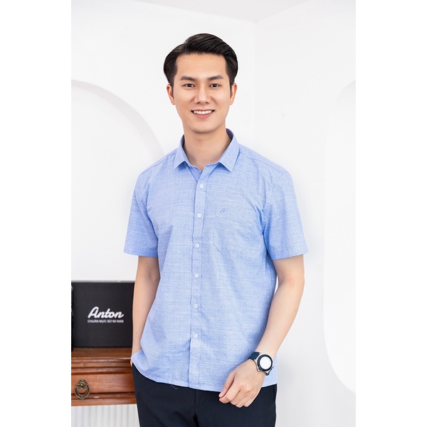 Áo Sơ Mi Nam Công Sở Trung Niên Thương Hiệu Anton Ngắn Tay Vải Cotton Xanh Dương In Họa Tiết - YGD561
