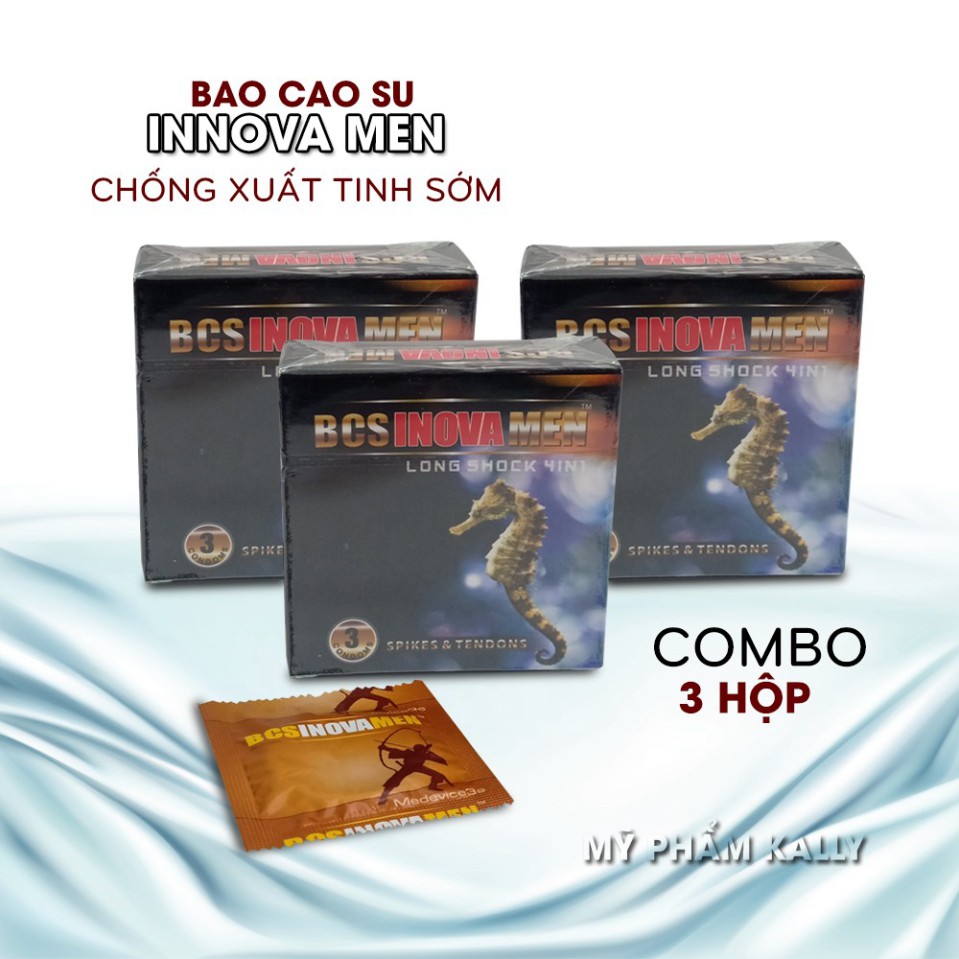 [Giá Sỉ] Bao Cao Su Inova Men Long Shock (Hộp 3 cái). Bcs Gân Gai Kéo Dài Thời Gian Quan Hệ, Tăng Kích Thích Điểm G.