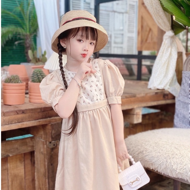 Váy Trẻ Em lửng tay thu đông Vintage Chất liệu Linen cực Sang chảnh váy hoa nhí cho bé 8-32kg