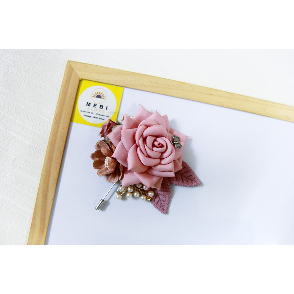 (Ảnh thật 100%) Hoa cài áo hoa hồng cánh nhọn siêu xinh màu hồng phấn (no box)