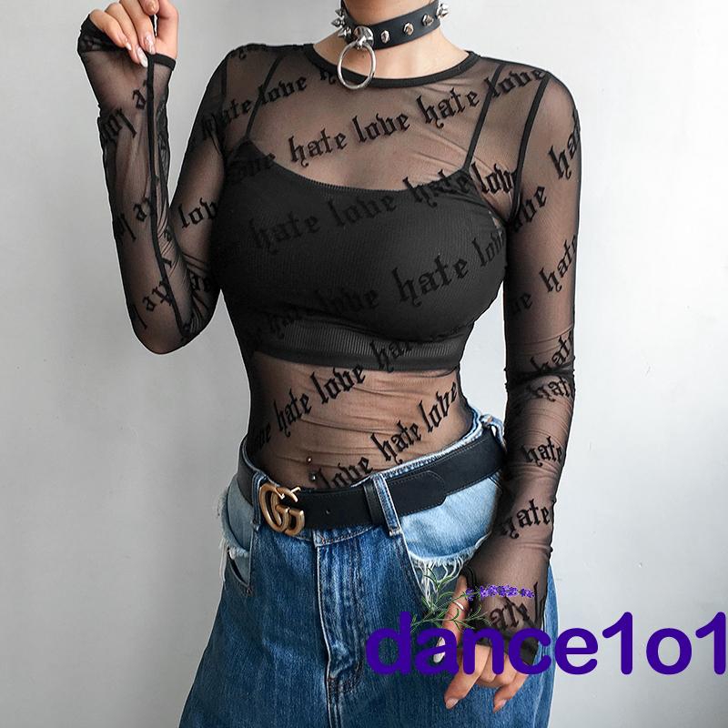 Áo thun tay dài vải ren xuyên thấu thời trang cho nữ