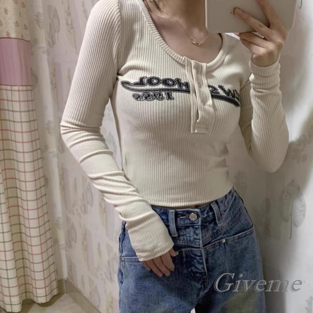 Áo Crop Top Dệt Kim Dài Tay In Chữ Y2k Thời Trang