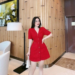 Đầm dự tiệc dạ nút ngọc cổ chữ v có lót trong