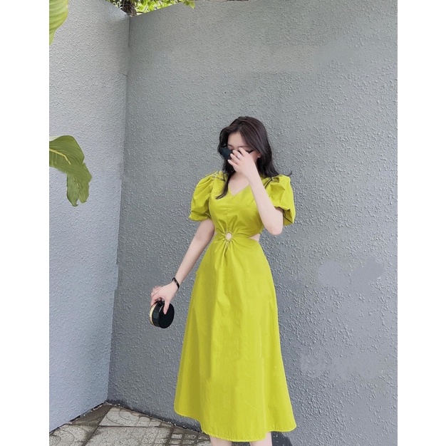 Váy maxi tay bồng khoét eo dáng dài