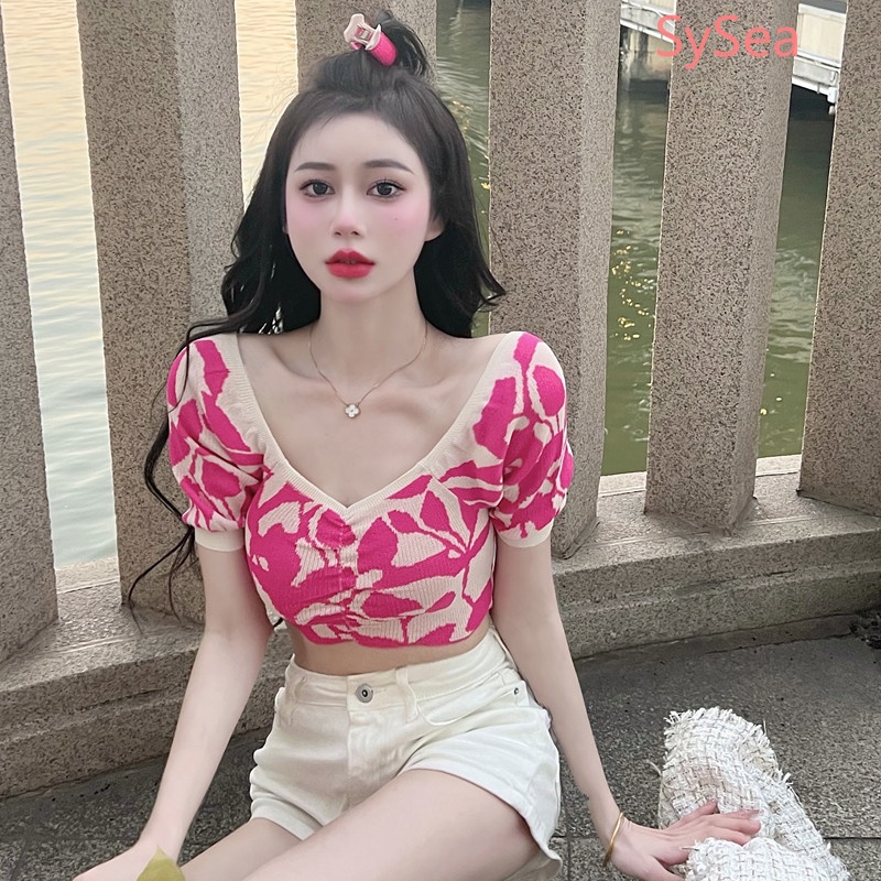 Áo Croptop Dệt Kim Cổ Chữ V Thiết Kế Xếp Ly Thời Trang Mùa Hè Quyến Rũ Cho Nữ