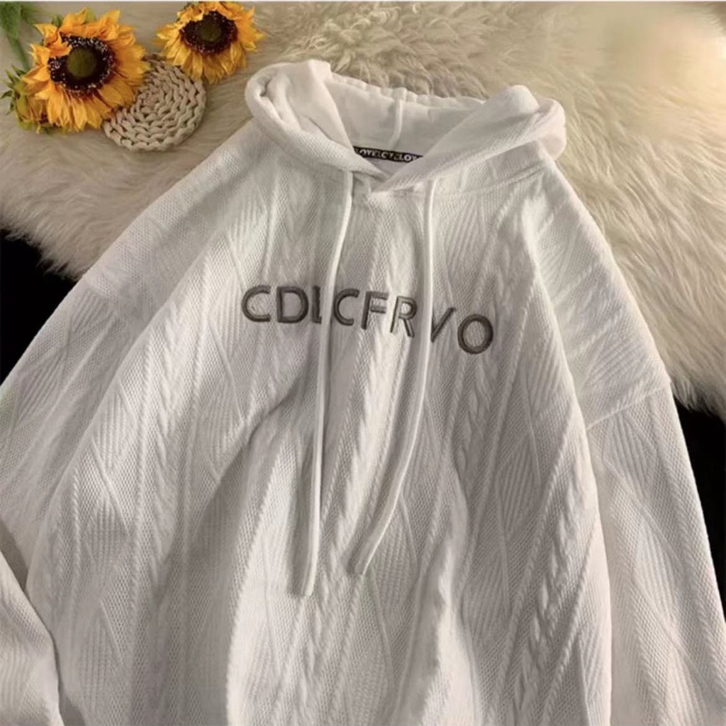 Áo hoodie form rộng chùm mông unisex nổi vân thêu chữ CDLCFRVO Hàn Quốc