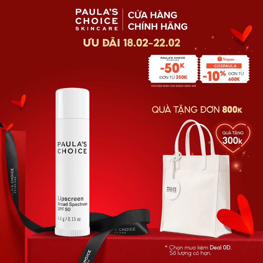 [Mã FMCGMALL giảm 8% đơn từ 250K] Dưỡng môi mềm mịn chống nắng Paula's Choice LipScreen Broad Spectrum SPF 50 4.4g 2560