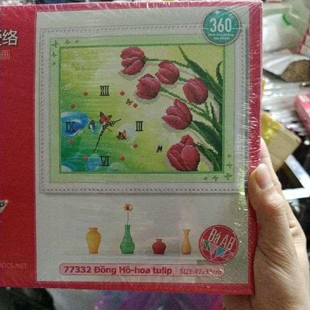 Tranh đính đá đồng hồ hoa tulip 77332 kt 47x37cm