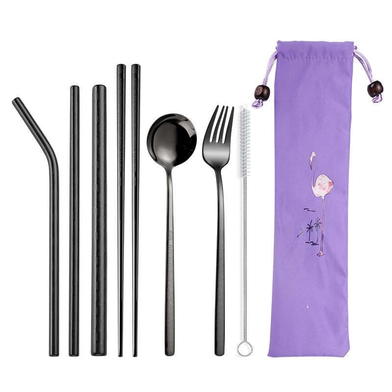 304 Food Stainless Steel Reusable 8pcs Set Metal Printing Straws Chopsticks Fork Spoon Straw W/ Cute Pouch Set