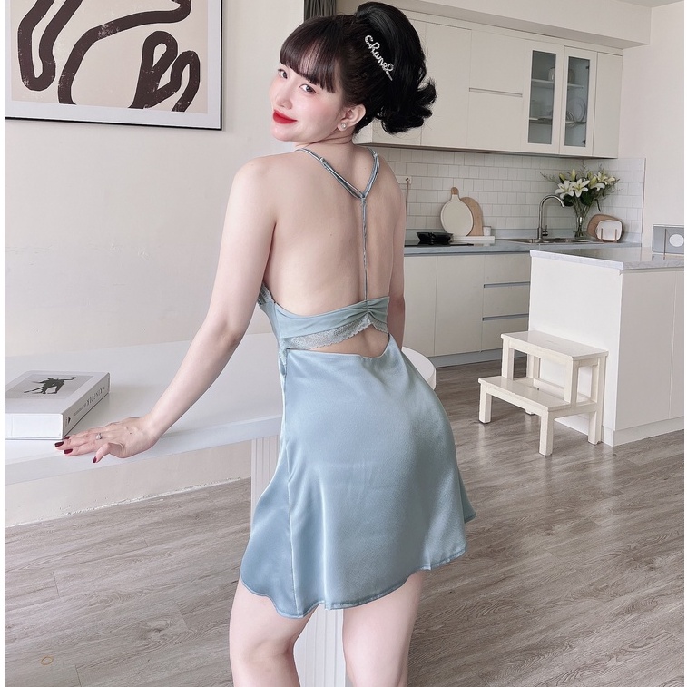 Váy Ngủ Nữ Chữ T Kèm Quần Chíp SOJUN Chất Satin Dưới 60Kg