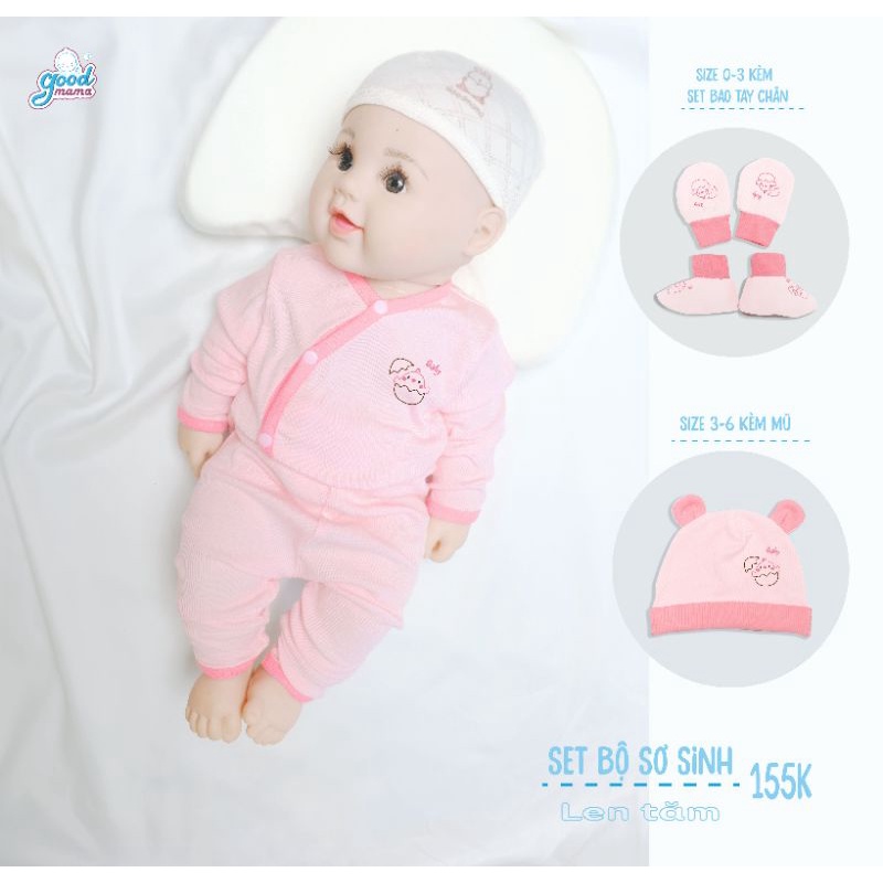 Goodmama - SET Bộ dài tay cài chéo vải tăm tặng kèm mũ, bao tay chân