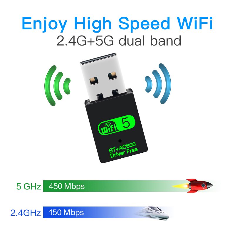 Thẻ Mạng WiFi USB bluetooth 600mbps Băng Tần Kép 2.4G / 5G Cho laptop / Máy Tính Để Bàn Windows 10 / 8 / 8.1 / 7