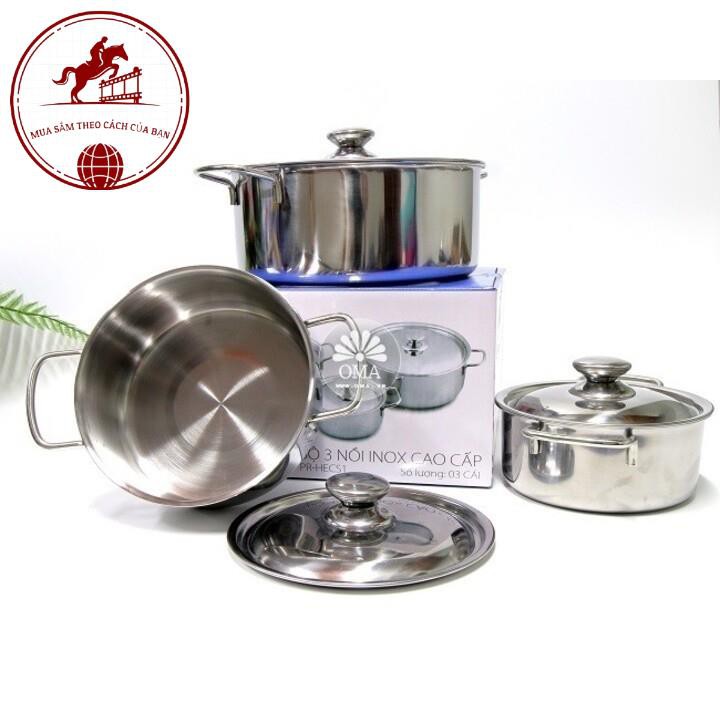 Combo Bộ 3 Nồi Inox Sharp Cao Cấp Đáy Từ H&E Dùng Được Cho Bếp Từ, Inox Sang Trọng, Vệ Sinh Đơn Giản