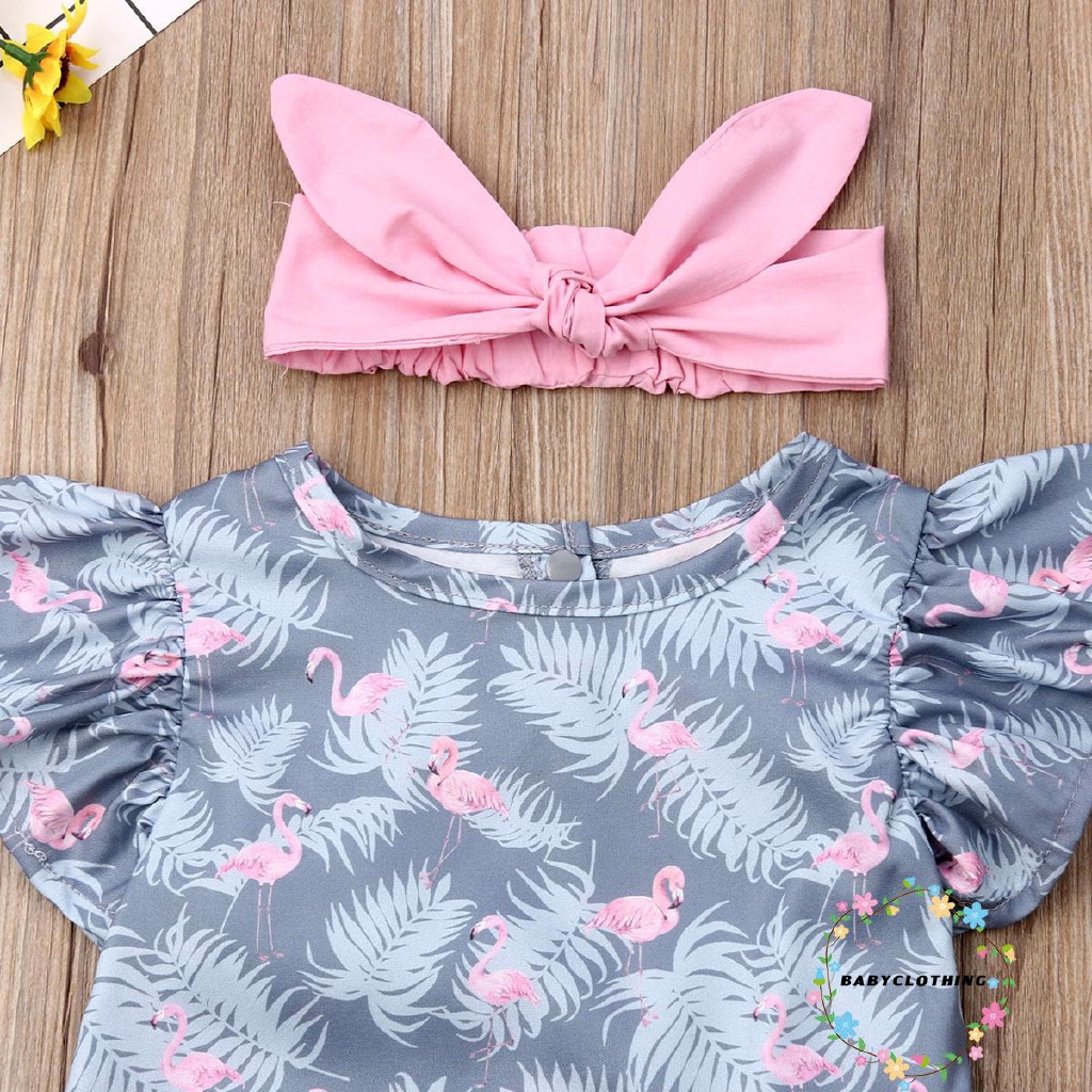Set áo thun + quần váy + băng đô họa tiết chim hồng hạc đáng yêu cho bé gái
