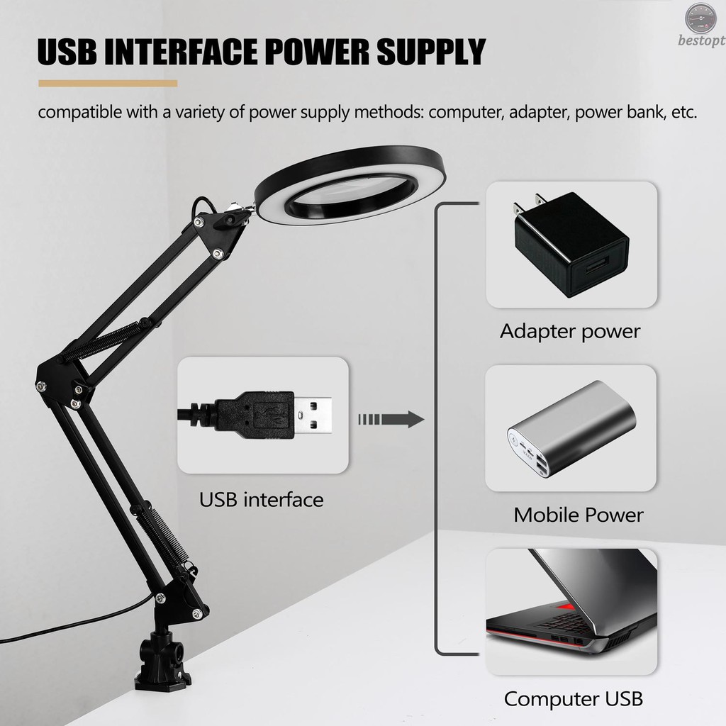 B&O 5X Magnifying Glass Desk Lamp Magnifier LED Light Foldable Reading Lamp with Three Dimming Modes USB Power Supply