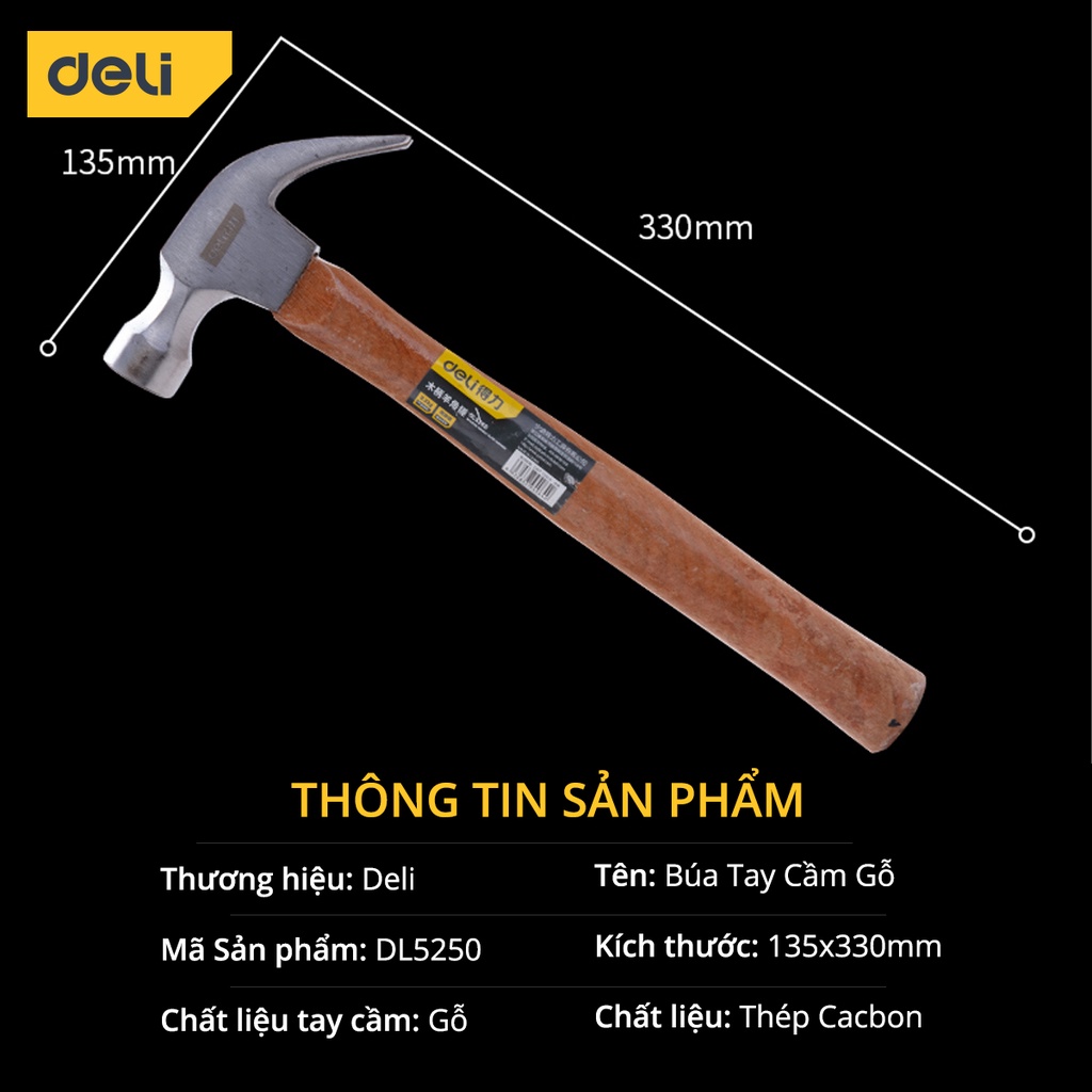 Búa đóng đinh Deli Chất lượng cao - Tay cầm gỗ chắc chắn - Phù hợp sửa chữa vật dụng, nhà cửa - DL5250